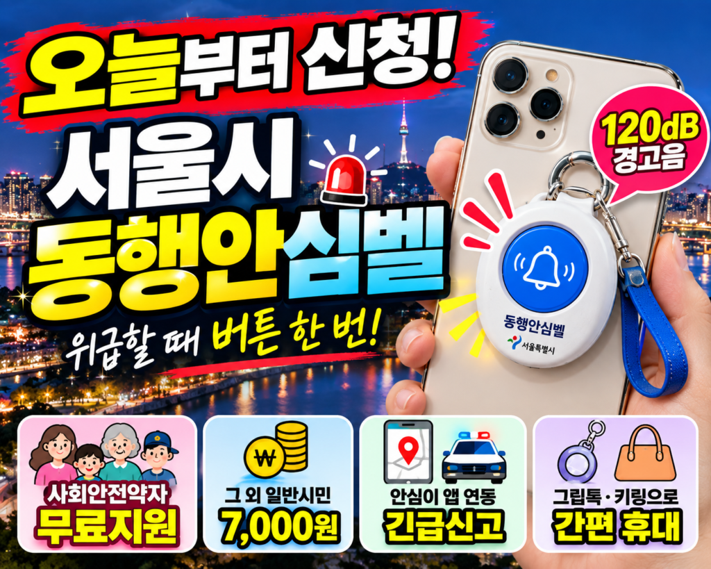 서울시 동행안심벨 신청 안내와 120dB 경고음, 안심이 앱 긴급신고 기능을 소개하는 이미지