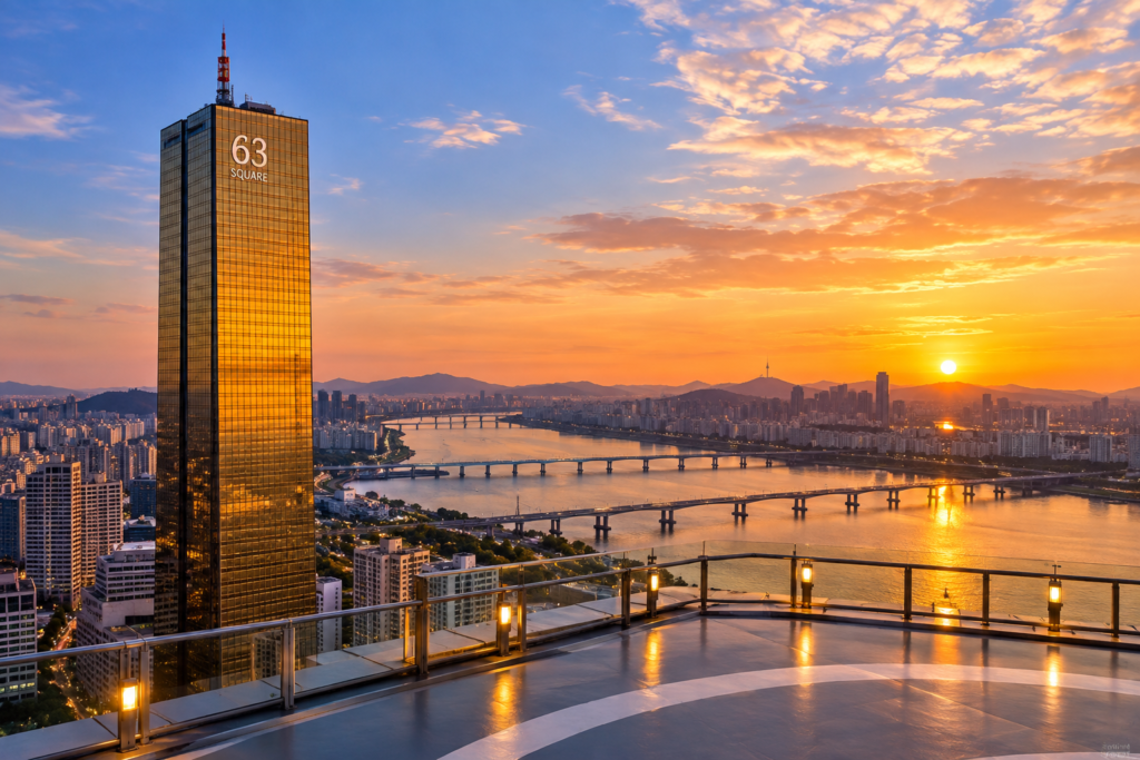 63 스카이피크닉 루프탑에서 바라본 한강과 서울 도심 전경, 노을이 비치는 63빌딩 전망