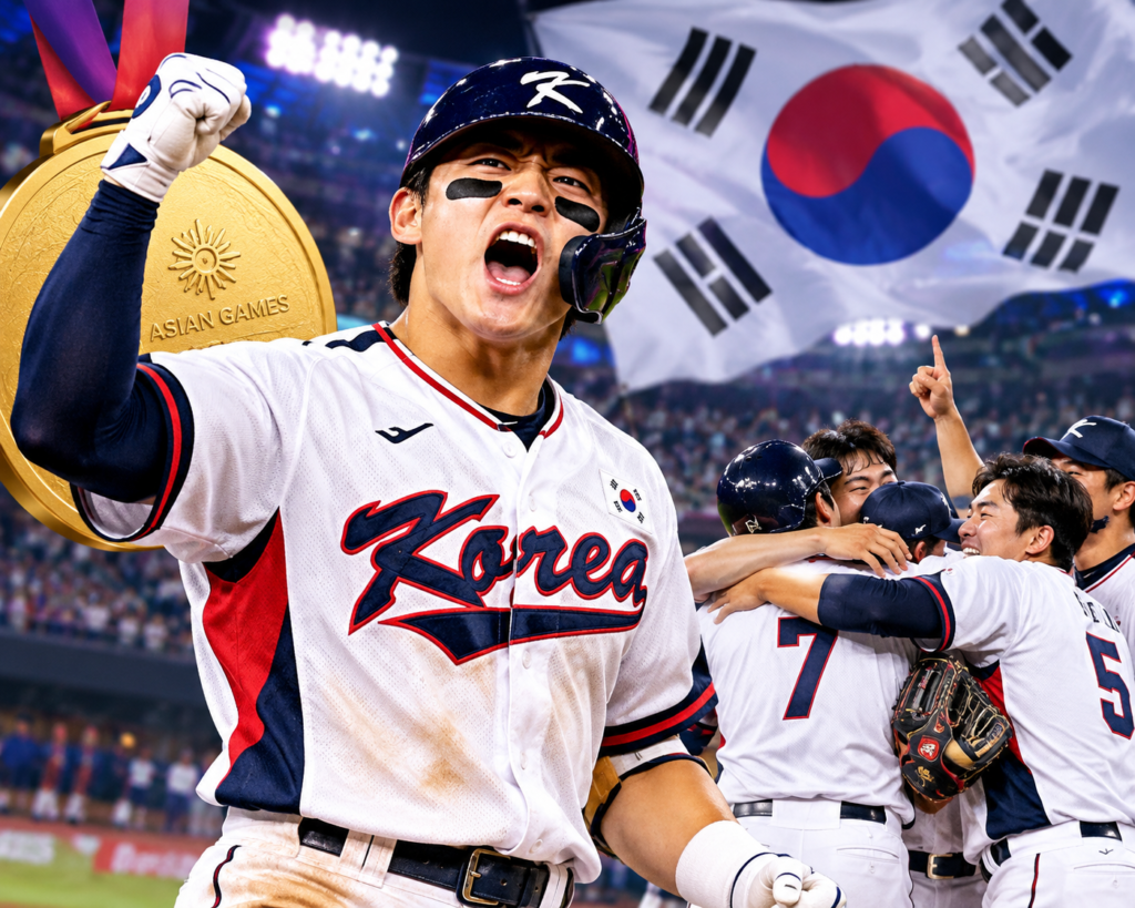 2026 아이치·나고야 아시안게임 야구 결승에서 일본을 꺾고 금메달을 차지한 대한민국 야구대표팀의 승리 이미지