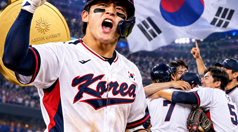 2026 아이치·나고야 아시안게임 야구 결승에서 일본을 꺾고 금메달을 차지한 대한민국 야구대표팀의 승리 이미지