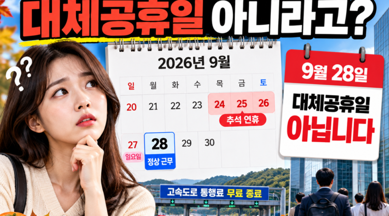 2026년 9월 28일 대체공휴일 여부와 추석 연휴 일정을 보여주는 달력 이미지, 28일은 정상 근무일 안내