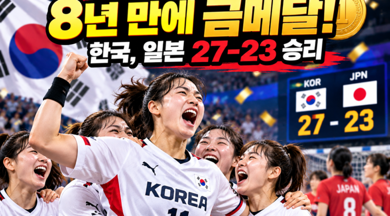 2026 아이치·나고야 아시안게임 여자 핸드볼에서 한국이 일본을 27대23으로 꺾고 8년 만에 금메달을 차지한 모습을 표현한 이미지