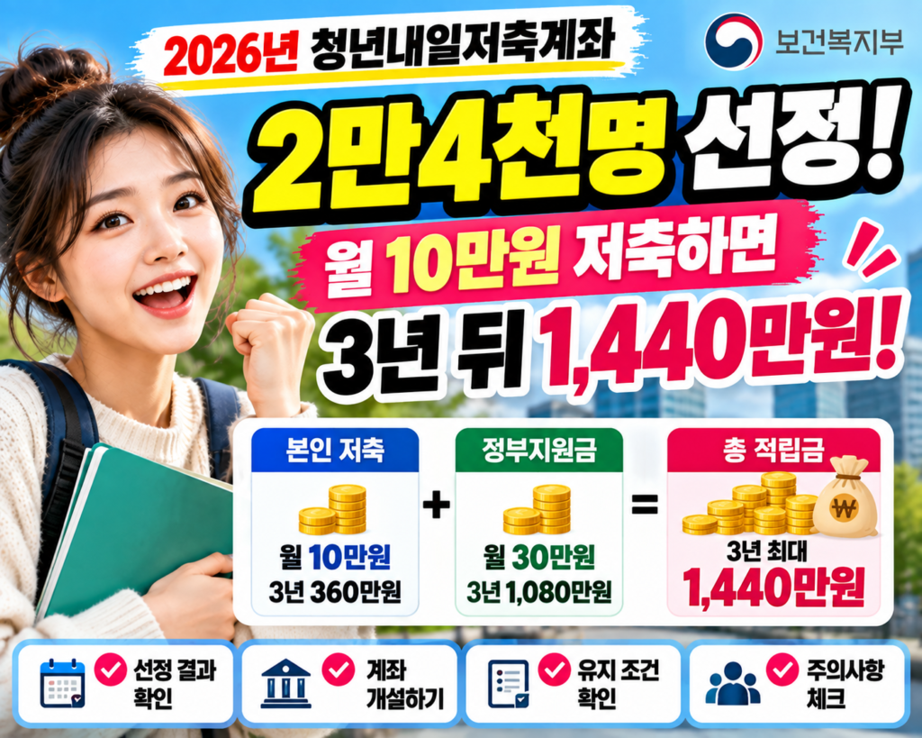 2026 청년내일저축계좌 월 10만원 저축 시 최대 1440만원 지원 안내