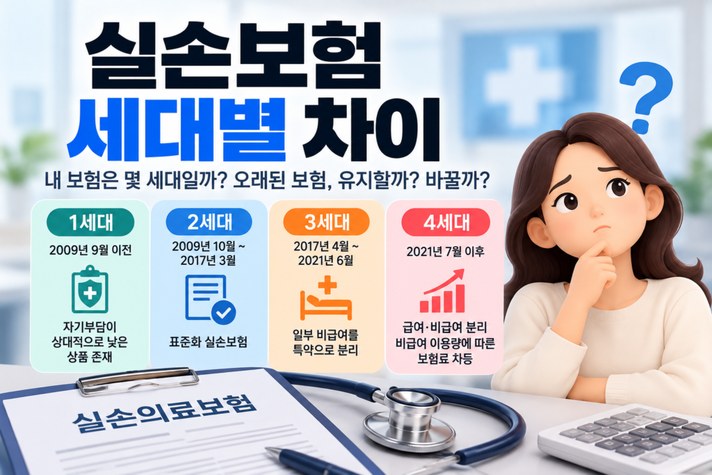 실손보험 1세대부터 4세대까지 가입 시기와 주요 차이를 비교한 이미지로, 세대별 보장 구조와 비급여 보험료 차등 내용을 보여주는 대표이미지