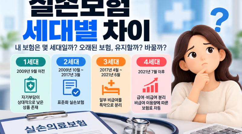 실손보험 1세대부터 4세대까지 가입 시기와 주요 차이를 비교한 이미지로, 세대별 보장 구조와 비급여 보험료 차등 내용을 보여주는 대표이미지