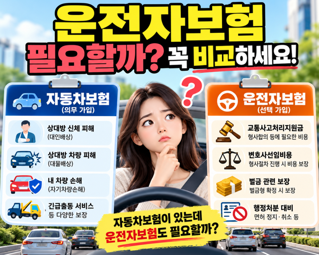 자동차보험과 운전자보험의 차이를 비교하고 교통사고처리지원금, 변호사선임비용, 벌금 관련 보장 등 운전자보험의 필요성을 설명한 대표이미지