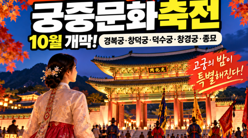 2026 가을 궁중문화축전이 열리는 경복궁의 화려한 야경과 단풍, 한복을 입은 관람객을 표현한 대표이미지로 경복궁·창덕궁·덕수궁·창경궁·종묘 행사 안내 이미지
