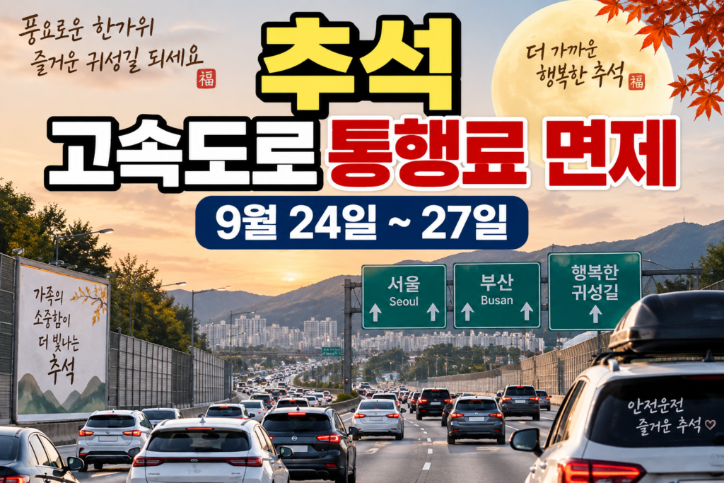 추석 고속도로 통행료 면제 9월 24일부터 27일까지