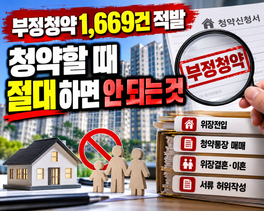 부정청약 1,669건 적발, 아파트 청약 시 주의해야 할 위장전입·청약통장 매매·위장결혼 및 이혼·허위서류 작성 안내 대표이미지