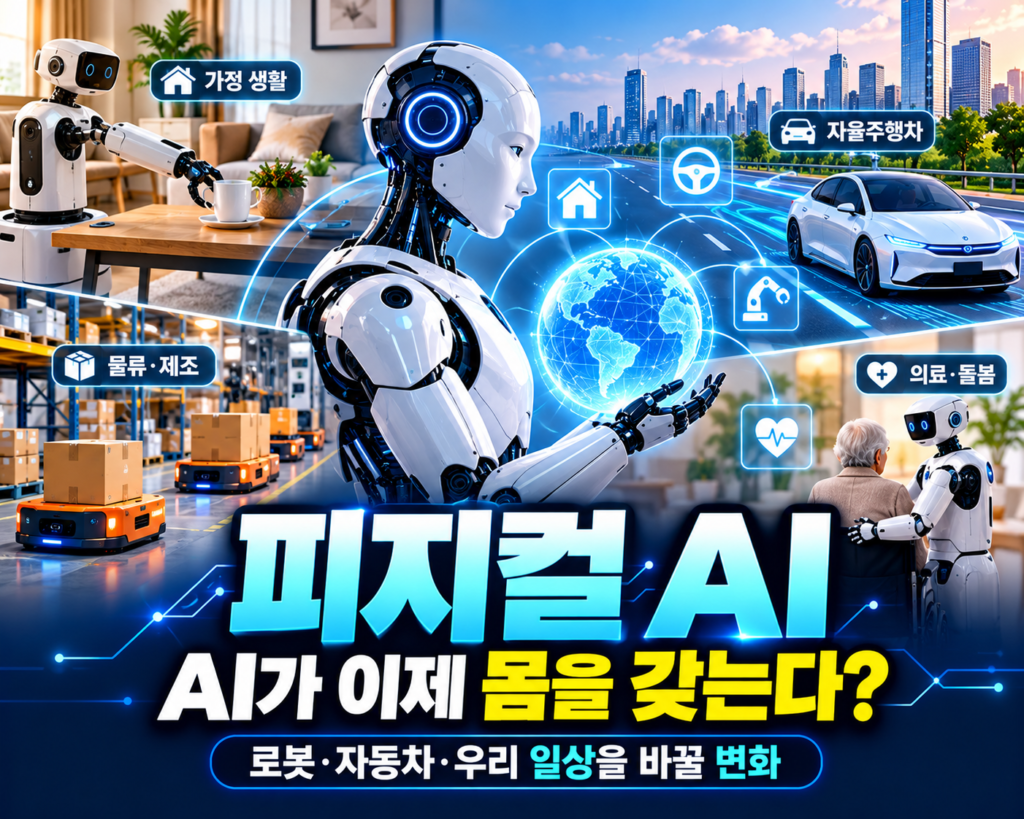 피지컬 AI 뜻과 일상생활의 변화를 설명하는 이미지로, 중앙의 휴머노이드 로봇과 함께 가정용 로봇, 자율주행차, 물류 자동화, 의료·돌봄 로봇의 활용 사례를 보여주는 미래 기술 이미지