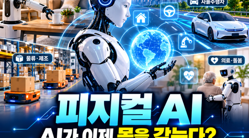 피지컬 AI 뜻과 일상생활의 변화를 설명하는 이미지로, 중앙의 휴머노이드 로봇과 함께 가정용 로봇, 자율주행차, 물류 자동화, 의료·돌봄 로봇의 활용 사례를 보여주는 미래 기술 이미지